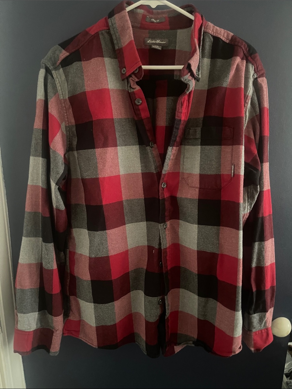 Eddie Bauer Red and Gray Plaid Button-Down Flannel Shirt
